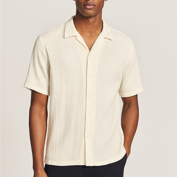 Sandro Textured Crinkled Satin Short Sleeve Button Down Shirt Cream Off White S - Picture 1 of 8